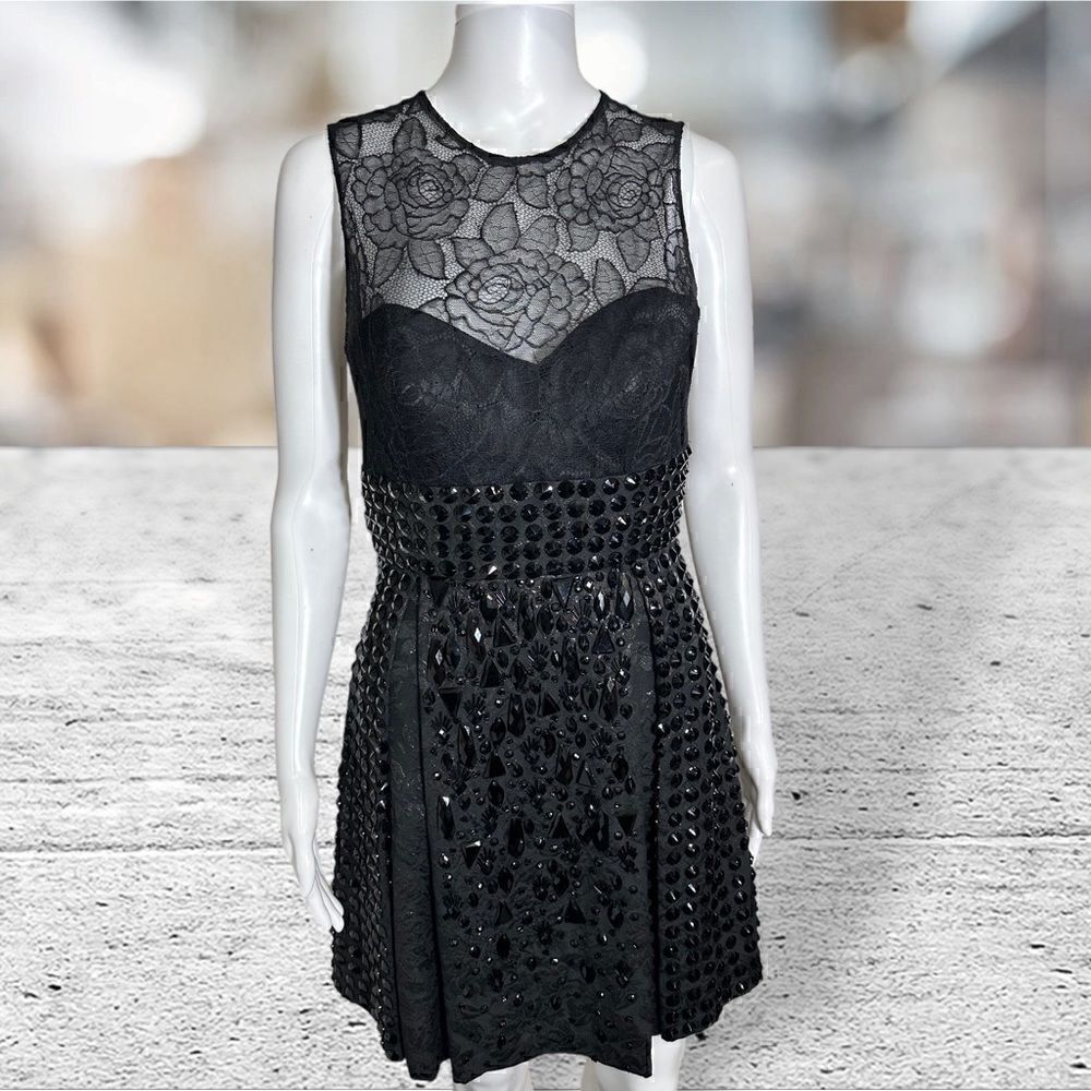 Jovani Black Studded Lace Brocade Sleeveless Mini Dress